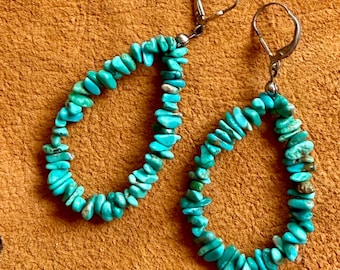 Vintage Turquoise chip dangle hoop earrings, sterling silver wires, boho tribal