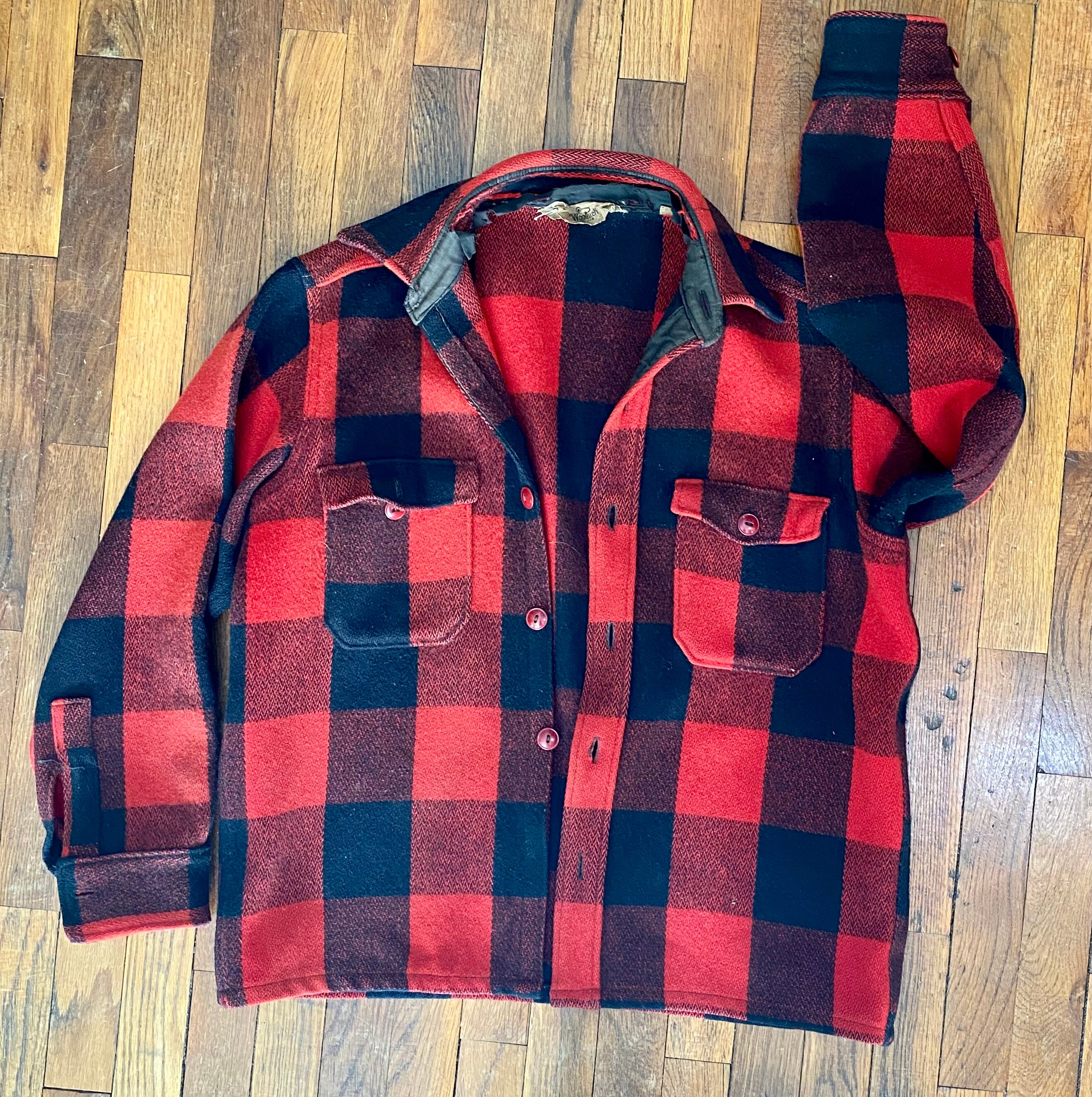 Buffalo Plaid Vintage Woolrich Shirt Coat, Red and Black Buffalo Plaid Vintage Woolrich Shirt Coat, Red and Black