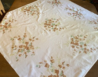 Vintage tablecloth by California Hand Prints, oak leaves and acorns, 45x52, great condition, farmhouse primitive, country cottage, woodsy