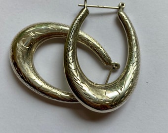 Vintage sterling silver big yet lightweight hoop earrings, intricate etched design, boho, hoop it up. Silver lovers unite!