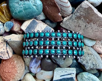 Zuni Style Sterling Silver Turquoise Cuff Bracelet: Snake Eye Petit Point, Fred Harvey Era
