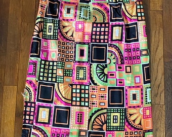 70s psychedelic maxi skirt, size S, abstract print in bold colors of green, orange, yellow, pink, black. Great hostess dress or lounge wear