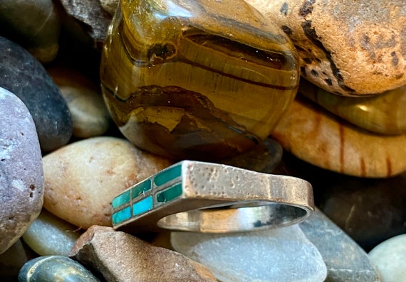 Vintage turquoise and sterling silver flush inlay… - image 4