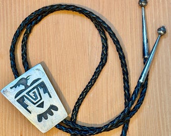 Hopi Overlay Thunderbird Sterling Silver Bolo Tie, Black Leather Cord, Sterling Bench Beads