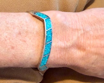 Vintage Turquoise Inlay Cuff Bracelet, Sterling Silver Ingot Southwest Jewelry