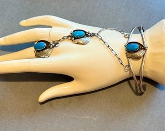 Vintage Hand Chain, Turquoise & Sterling silver, ring size 8.5, signed