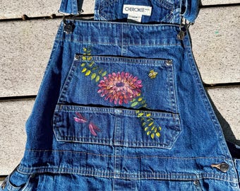 Women’s M,  Vintage 90s Cherokee Overalls Handpainted  Bib Overalls, Cottage Core Upcycled Wearable Art