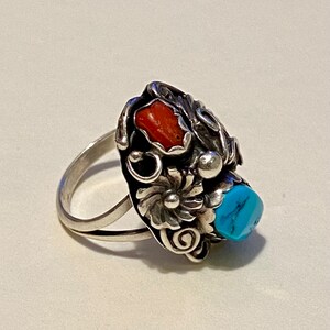 Shark Tooth Bezel Long Coral Vintage Native American Navajo Signed Sterling Silver Ring Old Shark Tooth Bezel Long Coral Vintage Native American Navajo Signed Sterling Silver Ring Old
