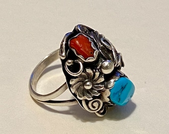 Turquoise Red Coral Sterling Silver Chunky Ring, Sz 6 3/4, Navajo signed,squash blossom & leaf southwest men’s pinky? Old pawn vintage