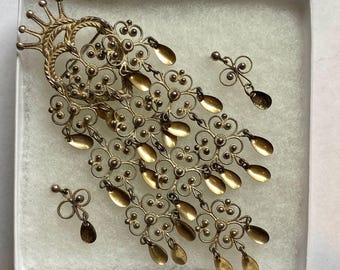 Vintage Heart with Crown 890 Silver Solje Brooch and earrings set: Norwegian Wedding Jewelry