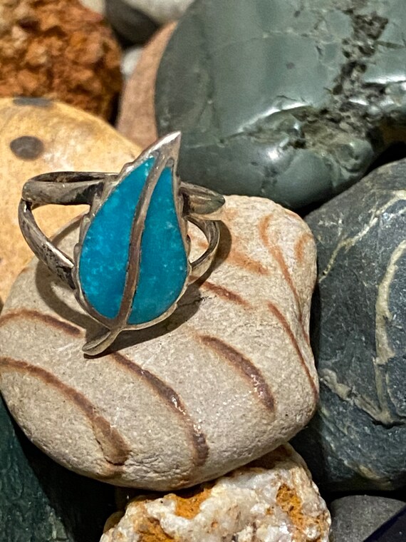 Vintage sterling silver and turquoise leaf shaped… - image 7