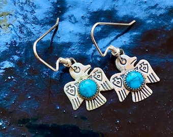 Vintage thunderbird charms & turquoise gemstones drop earrings on 925 ear wires iconic tribal imagery old pawn Fred Harvey era trading post