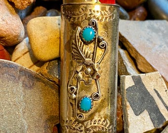Sterling silver mini lighter cover, stamped silver work & turquoise gemstones, smoking Paraphernalia