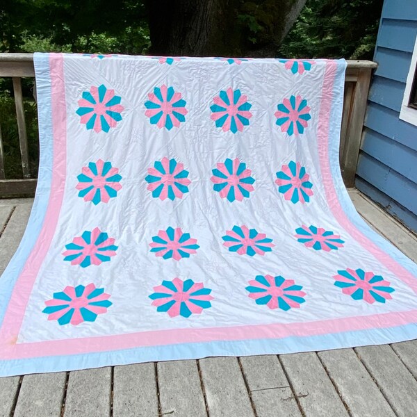 Pink & Blue vintage quilt, Queen/Double, make a bed,repurpose, scrappy cutter, Dresden Plate, hand quilted, eclectic boho, bright  n cheery