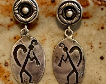 Native Hopi overlay design Sterling silver dangle earrings. Kokopelli flute player. Tribal boho