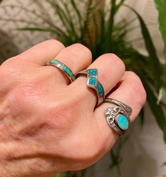 Vintage Sterling Silver Turquoise Inlay Ring - Southwest Boho Size  display picture 1