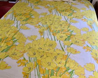 Vintage yellow tulips top full sheet and Vera pillow case, spring linen, upcycle quilt back or sewing yardage