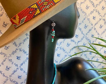 Turquoise Chip and Red Bead Dangle Earrings: Sterling Silver Boho Style