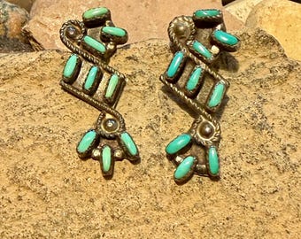 Vintage Zuni Style Turquoise Needlepoint Drop Stud Earrings, Sterling Silver, Boho Southwest Desert