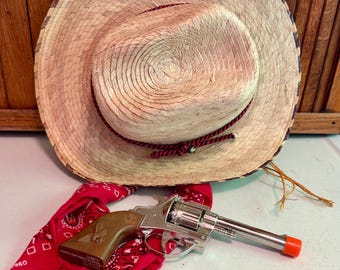 For the little buckaroo, cowboy, cowgirl costume combo, hat, neckerchief and die cast cap gun