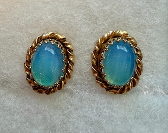 Vintage MCM Japan Clip on Blue Glowing Earrings, Silk backed, rare art glass technique,