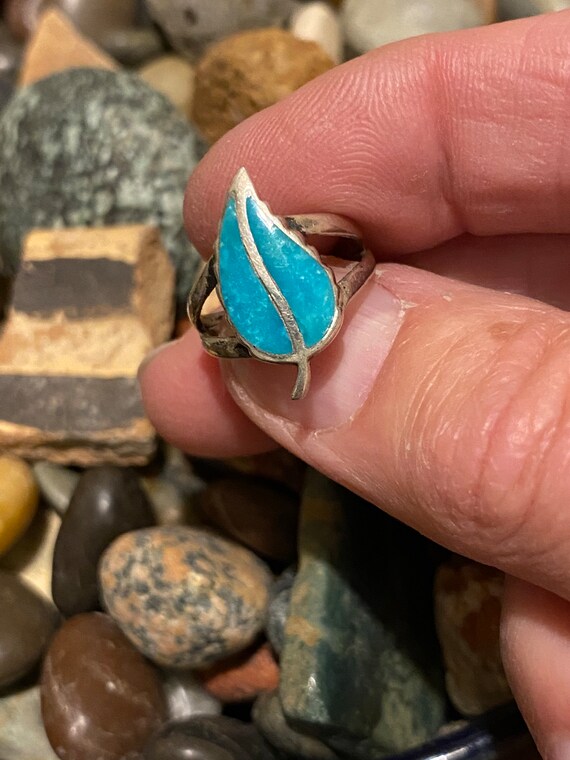 Vintage sterling silver and turquoise leaf shaped… - image 1