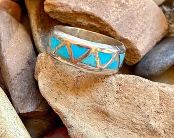 Vintage Southwest turquoise  & Sterling Silver flush inlay band, size 6