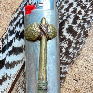 Vintage 70s lighter cover, mixed metals, tomahawk design, unisex smoke gift,SW tribal boho, fits standard size Bic lighter (not included)