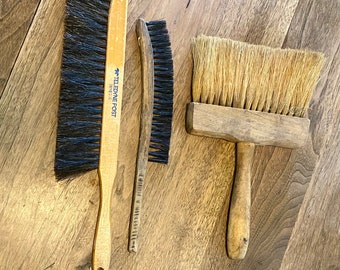 Vintage brush collection, lot of 3 interesting designs for use or decoration, natural bristles, shop brushes