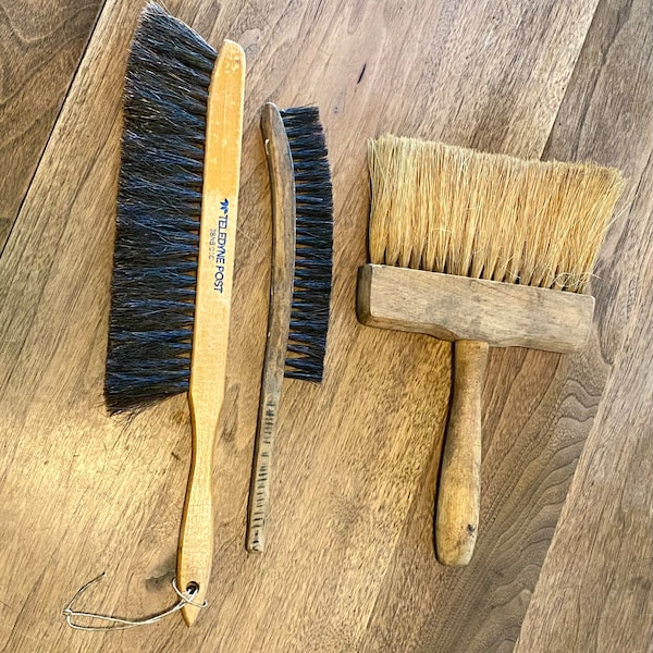 Vintage brush collection, lot of 3 interesting designs for use or decoration, natural bristles, shop brushes