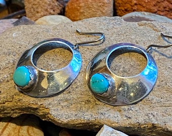 Vintage sterling silver hoop earrings with turquoise cabochon. Southwest tribal boho