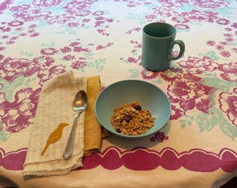 Vintage tablecloth 50s 60 s era, floral pattern in purple & turquoise on white. Sweet textile for country kitchen/cottage decor