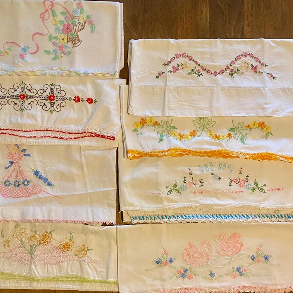 Vintage Embroidered Pillowcases, Floral Cottage Decor, Set of 8