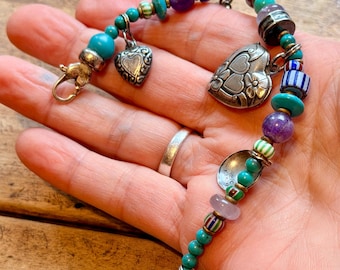 Vintage 925 beads and hearts charm bracelet with heart locket 7.5”