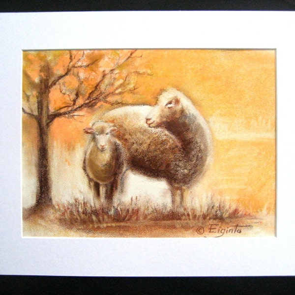 Sheep and Lamb - Original Pastel Drawing