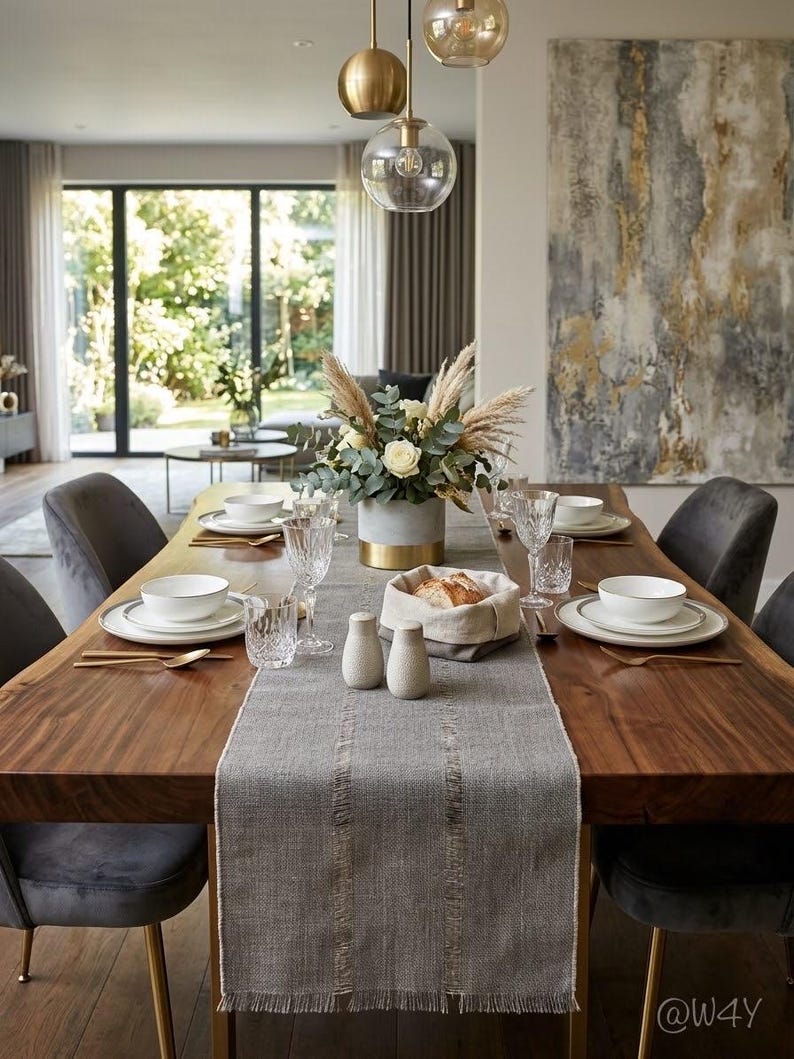Pode incluir: Uma mesa de jantar de madeira comprida com um caminho de mesa cinzento texturizado, pratos de cer&acirc;mica branca, copos transparentes, talheres dourados e um arranjo floral central num vaso cinzento e dourado.