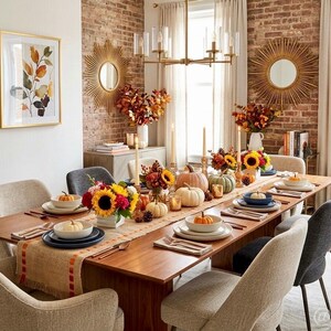 May include: A long wooden dining table set for a meal with a burlap runner, white and blue ceramic plates, small pumpkins, and floral centerpieces featuring sunflowers. The room includes upholstered chairs, gold sunburst mirrors, and brick walls.