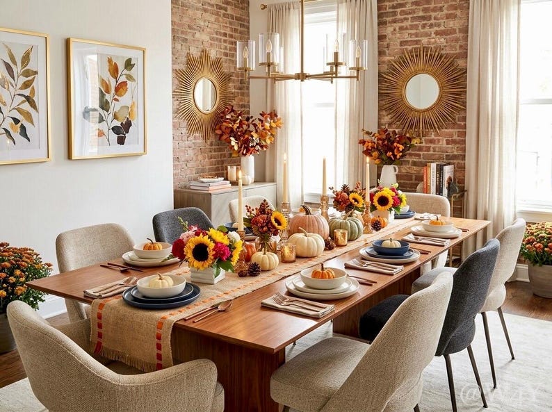 May include: A long wooden dining table set for a meal with a burlap runner, white and blue ceramic plates, small pumpkins, and floral centerpieces featuring sunflowers. The room includes upholstered chairs, gold sunburst mirrors, and brick walls.