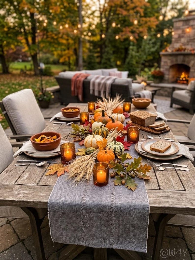Pode incluir: Uma mesa de jantar de madeira com um caminho de mesa cinza, ab&oacute;boras laranjas e brancas, hastes de trigo, folhas de outono e bolotas. A mesa inclui tigelas de cer&acirc;mica, pratos, talheres, p&atilde;o fatiado e velas em suportes de vidro &acirc;mbar.