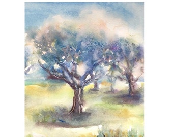 Blossoming Trees Watercolor Painting