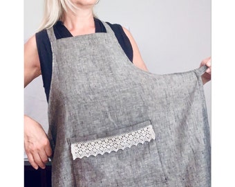 Mother’s Day Linen Apron, Durable & Soft, Front Pocket with Linen Lace, Long Linen Ties