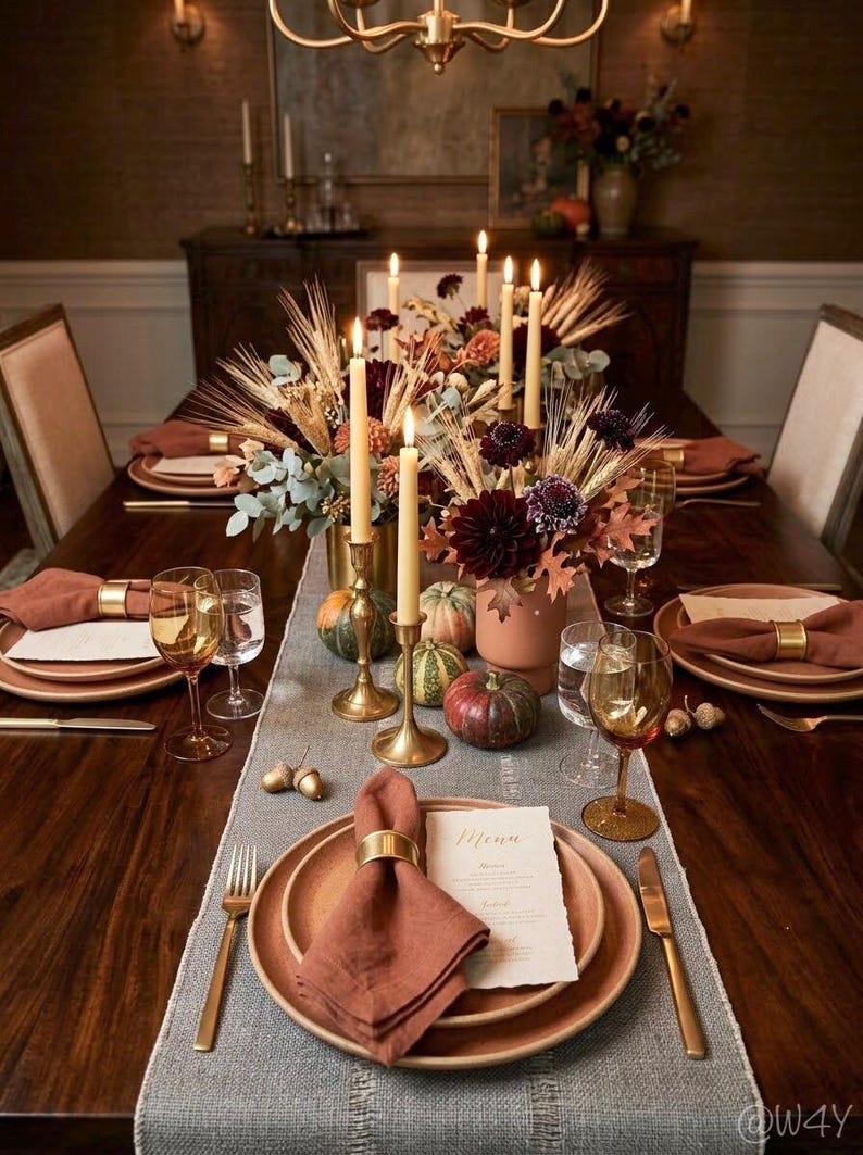 Pode incluir: Uma mesa de jantar com pratos cor de terracota, guardanapos de linho cor de ferrugem com an&eacute;is dourados, talheres dourados e copos &acirc;mbar. O centro de mesa inclui velas compridas em suportes de lat&atilde;o, trigo seco e pequenas ab&oacute;boras.