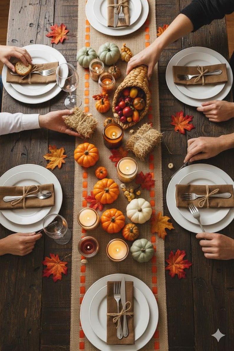 May include: A rustic dining table set for a meal with white plates, brown napkins tied with twine, and silverware. A burlap runner features a cornucopia, small pumpkins, gourds, candles, and scattered autumn leaves, creating a seasonal display.