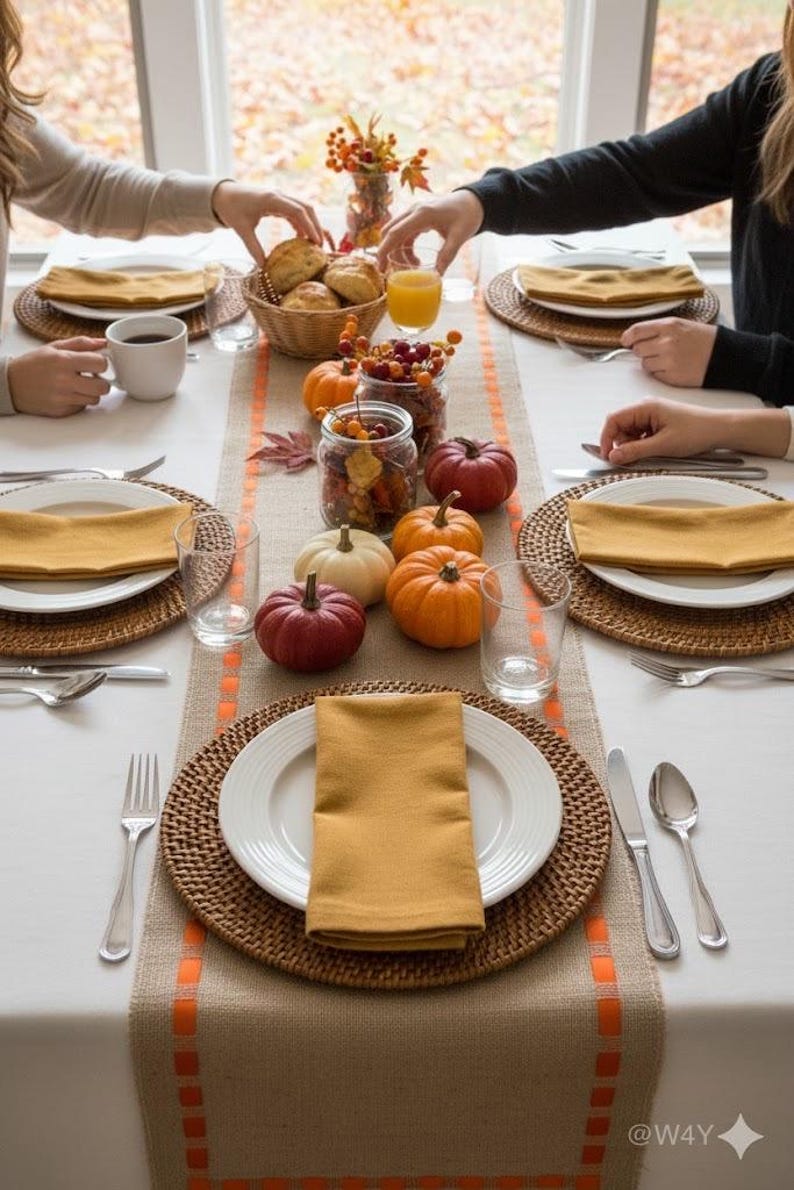 May include: A table setting featuring a burlap table runner with orange stitched borders, white plates, mustard yellow napkins, and woven placemats. The centerpiece includes small pumpkins, glass jars with berries, and a basket of bread rolls.