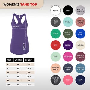 May include: A purple tank top with a racerback design. The image includes a size chart with measurements in inches and a colour palette featuring various hues like black, red, and navy. The text "WOMEN'S TANK TOP" is at the top.
