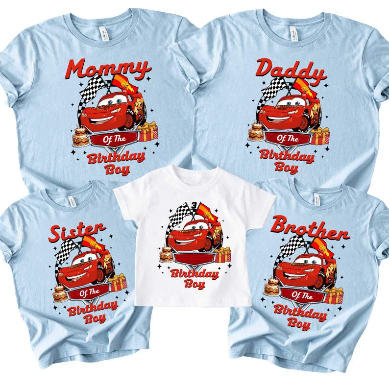 May include: Light blue and white t-shirts featuring a red race car graphic and the text "Mommy", "Daddy", "Sister", and "Brother". A white t-shirt with the same graphic and the text "Birthday Boy". The shirts are for a birthday celebration.