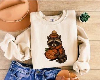 Halloween Sweatshirt, Cute Raccoon T-Shirt, Retro Halloween Season SHirt, Spooky Season Gift, Raccoon Halloween Hoodie, Pumpkin Fall Shirt