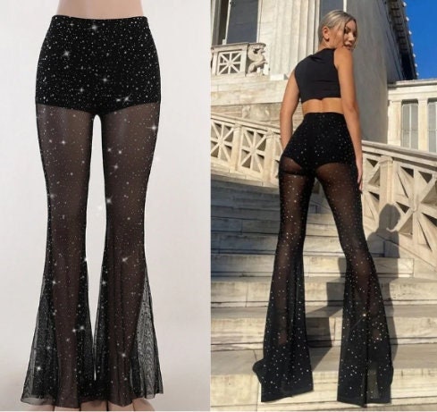  2022 Sequin Mesh Pants Glitter Sparkle Rave Pants High Waist  Sheer Euphoria Outfit for Women Dance Festival Clubwear : Clothing, Shoes 