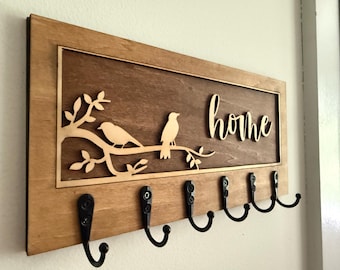 Llavero de pared con ganchos: letrero rústico de madera con pájaros para la entrada, decoración de pared rústica.