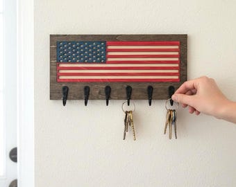 American Flag Key Holder for Wall with Hooks, Rustic Wood Key Rack, Patriotic Entryway Organizer, Farmhouse Wall Decor Gift